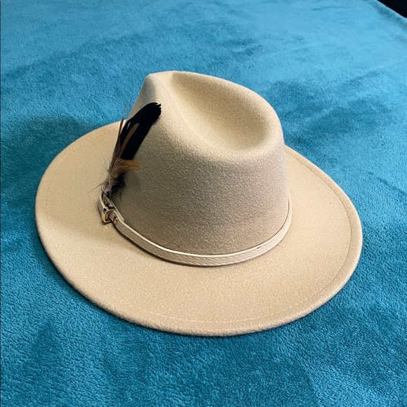 Tan Women's Felt Fedora Western Cowboy Hat White Belt Double Brown Feathers - Picture 5 of 8